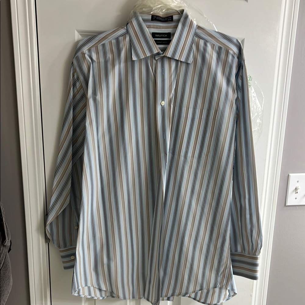 Nautica Blue and White Striped Dress Shirt
